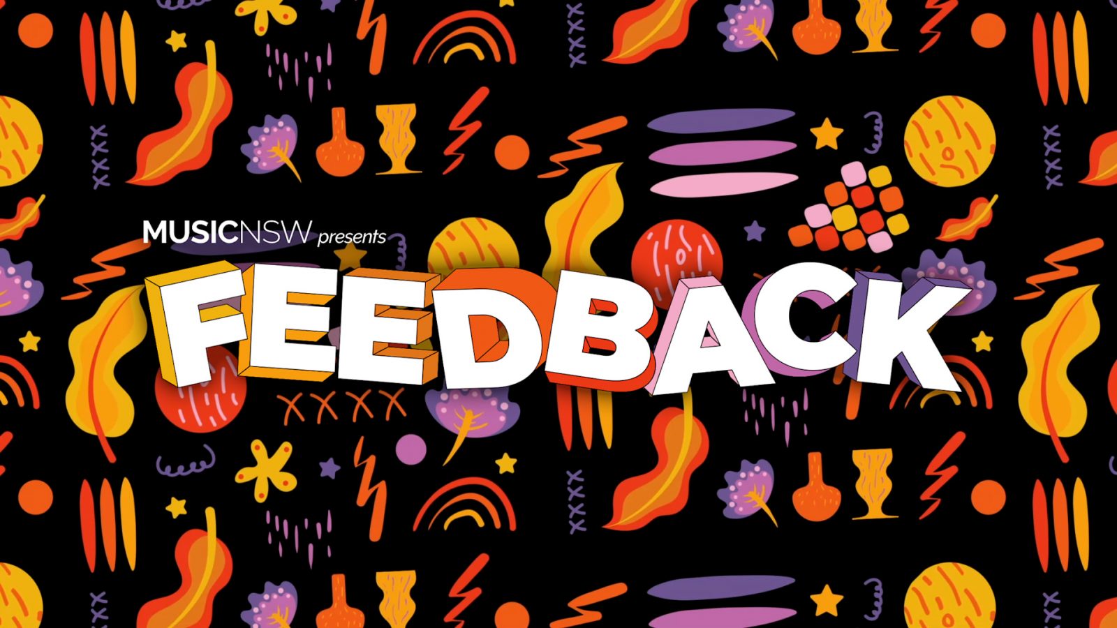 Feedback logo on black background with colourful shapes and patterns