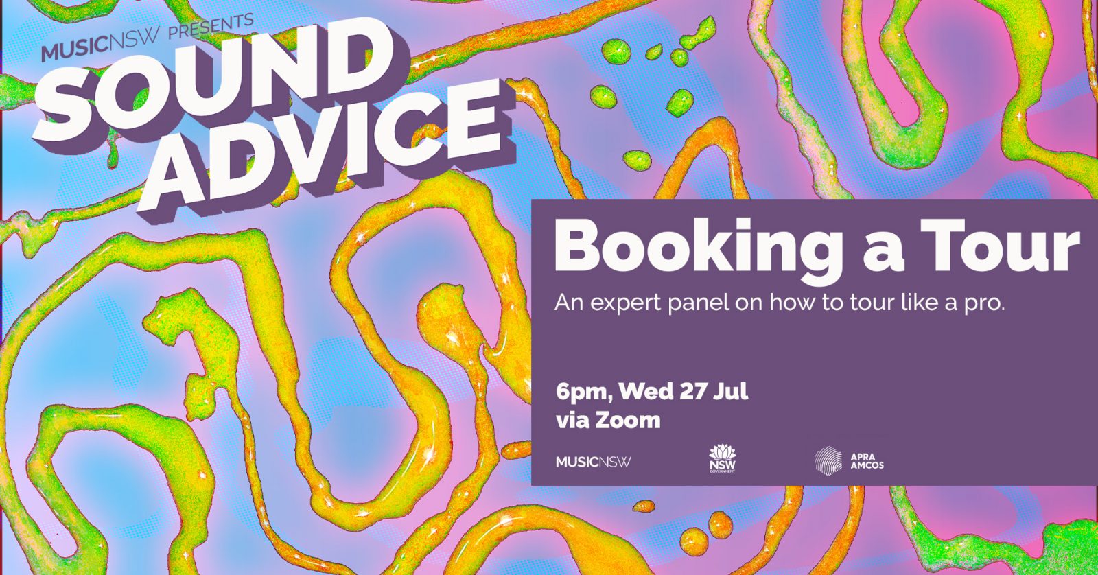 Sound Advice Banner for Booking a Tour event. Event details on a purple background all on a colourful swirling background.