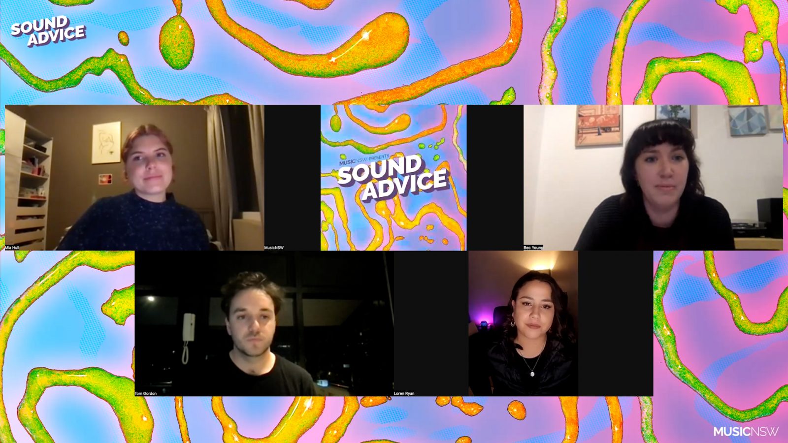 Panellists' zoom video feeds tiled over swirling colourful background