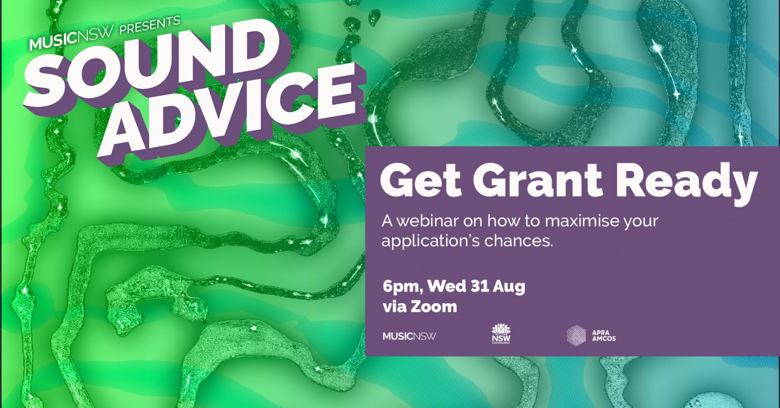 Sound Advice Banner for Grant Writing webinar. Event details on a purple background all on a colourful swirling background.