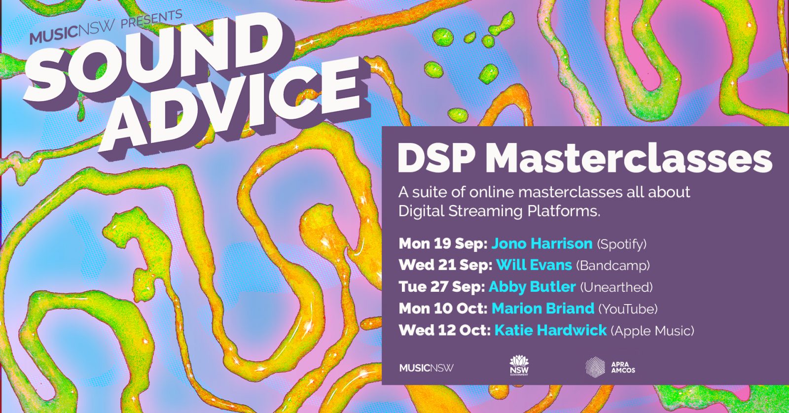 Sound Advice Banner for DSP event. Event details on a purple background all on a colourful swirling background.