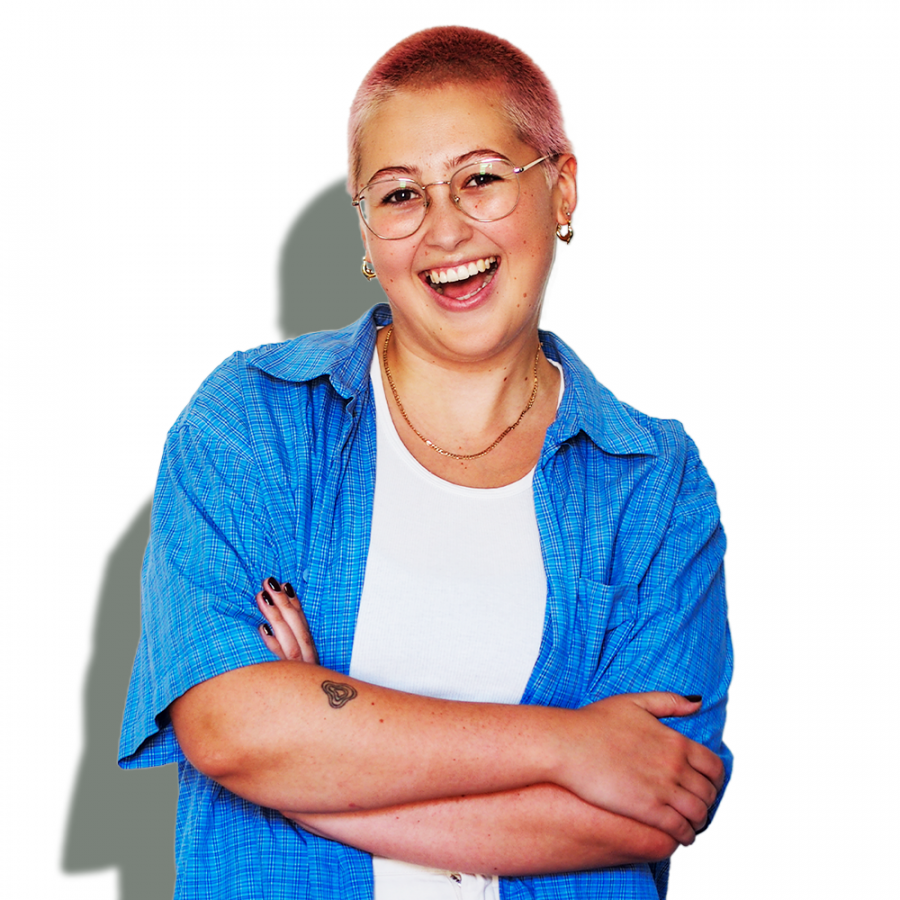 abby headshot Abby Butler with white tshirt and blue shirt on a white background
