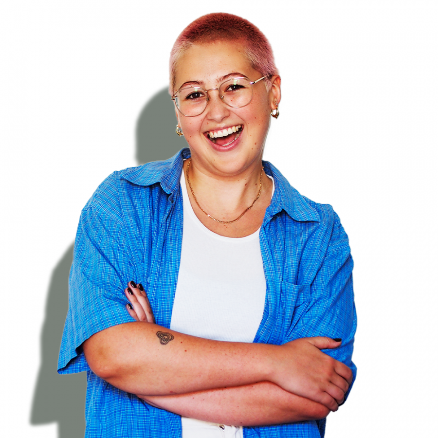 Abby Butler with white tshirt and blue shirt on a white background