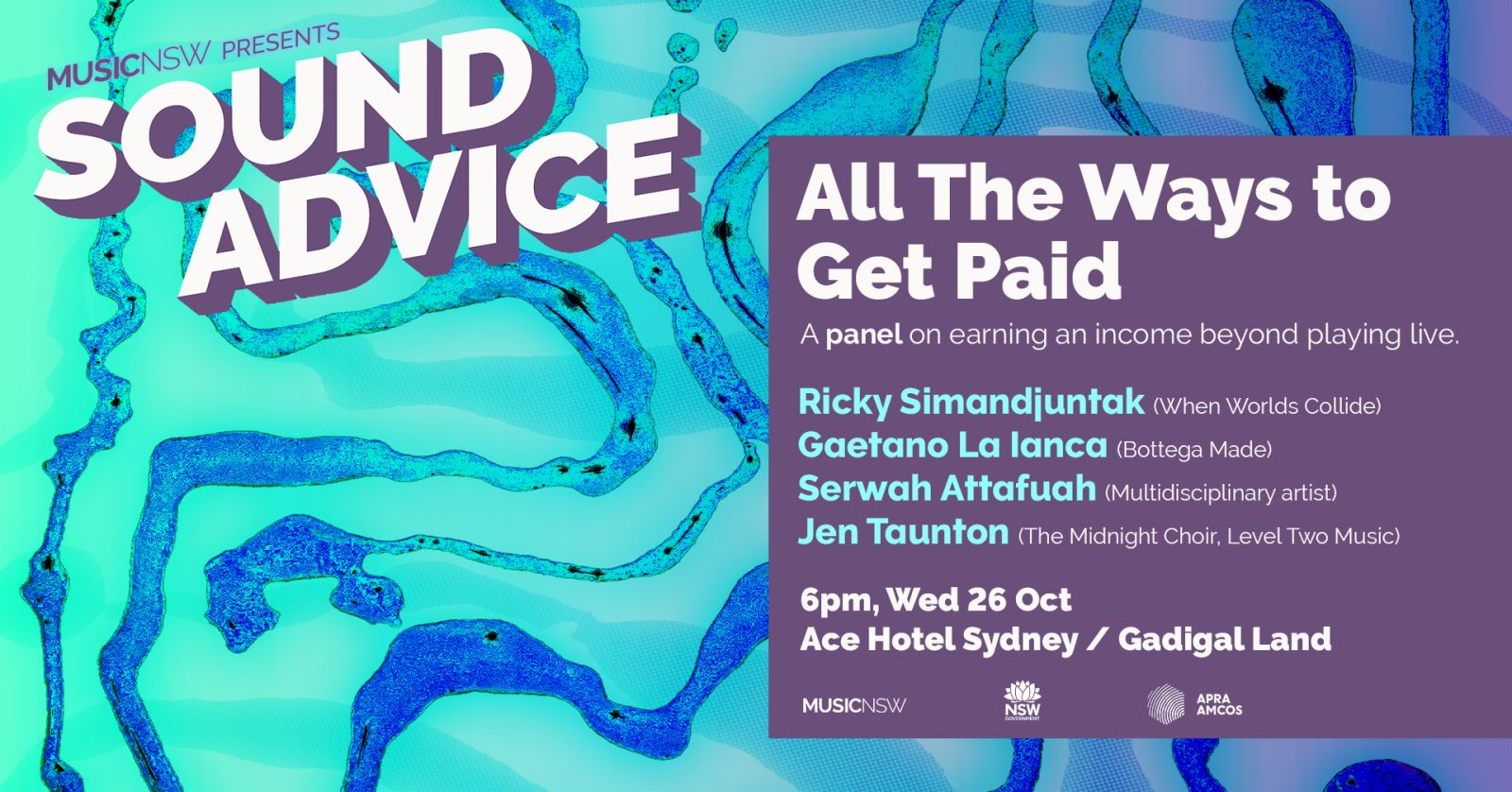 Sound Advice Banner for Alternate Revenue Streams event. Event details on a purple background all on a green/blue swirling background.