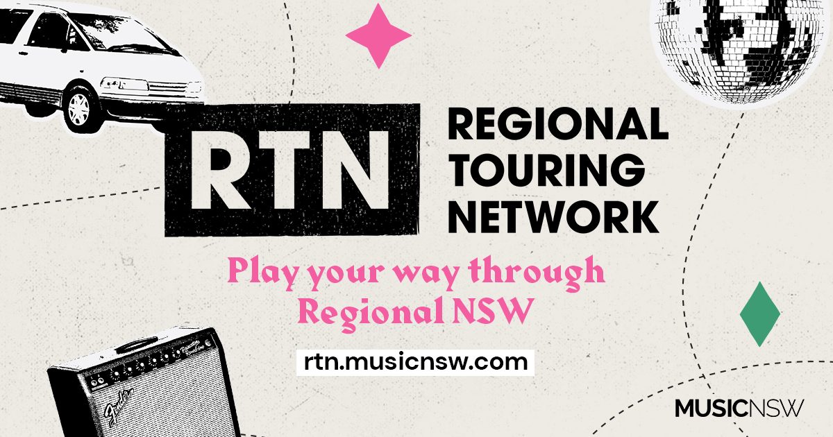 Regional Touring Network banner with logo and images of a van, disco ball and guitar amplifier