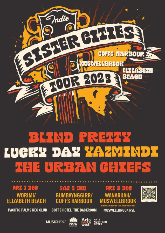 4671__Sister_cities_Poster_Base_Map_03_Indie Sister Cities tour poster for Blind Pretty, Lucky Day, Yazmindi, The Urban Chiefs