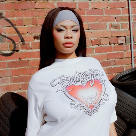 Xiao Xiao Xiao Xiao wearing a white t - shirt with a heart on it